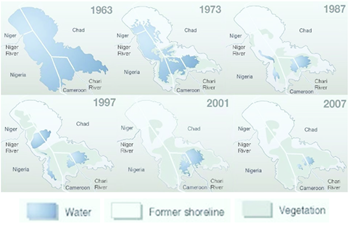 Figure 2: The shrinking of Lake Chad from 1963 to 2007[27]
